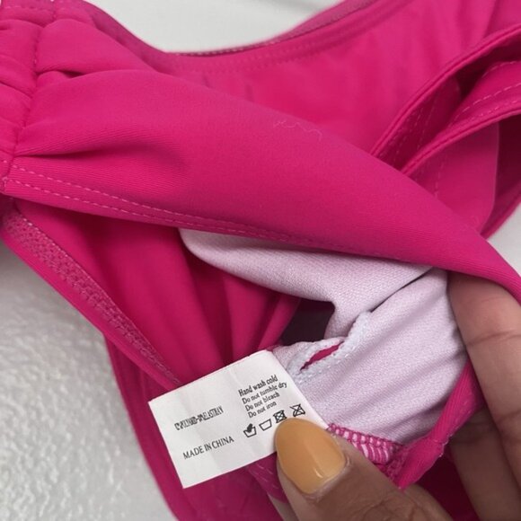 Women's Hot Pink Bikini Top Large Ruffle Sleeve V Cut Swim Water Gold Embellish - Picture 3 of 6